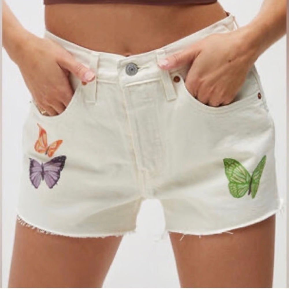 Women's Cream Butterfly Embroidered Jean Shorts